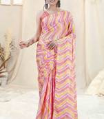 ready to wear pink chiffon foil work leheriya printed saree with unstiched blouse piece