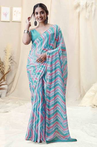 sky blue ready to wear chiffon foil work leheriya printed saree with unstiched blouse piece
