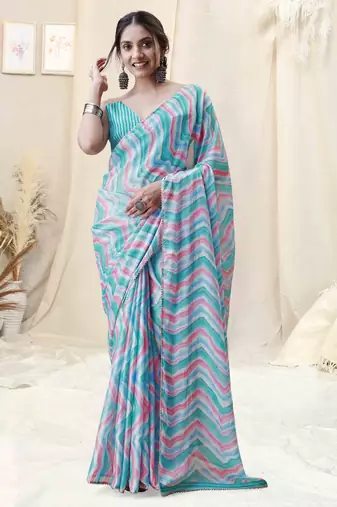 sky blue ready to wear chiffon foil work leheriya printed saree with unstiched blouse piece