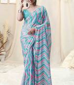 ready to wear sky blue chiffon foil work leheriya printed saree with unstiched blouse piece