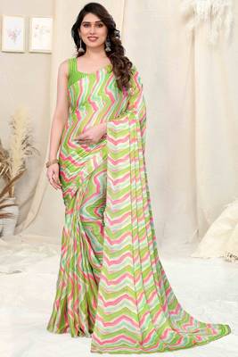 ready to wear light green chiffon foil work leheriya printed saree 1