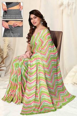 ready to wear light green chiffon foil work leheriya printed saree 3