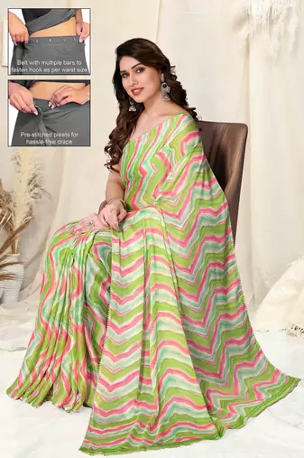 ready to wear light green chiffon foil work leheriya printed saree