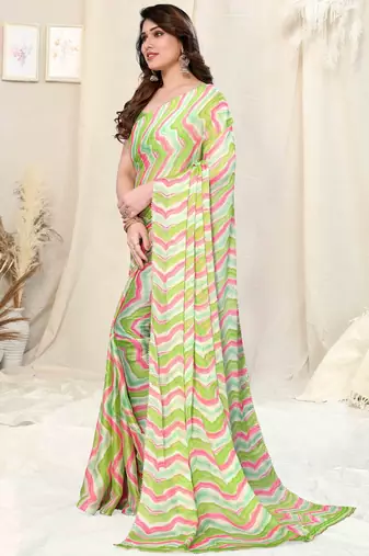 ready to wear light green chiffon foil work leheriya printed saree