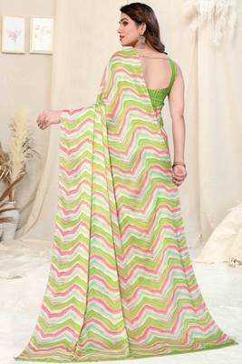 ready to wear light green chiffon foil work leheriya printed saree 5