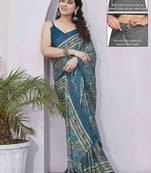 teal ready to wear chiffon paisley checks printed saree with unstiched blouse piece