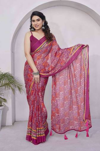pink ready to wear chiffon paisley checks printed saree with unstiched blouse piece