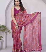 pink ready to wear chiffon paisley checks printed saree with unstiched blouse piece