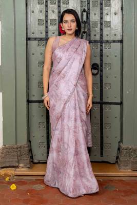 pink pre-stitched chiffon foil work floral printed saree 1