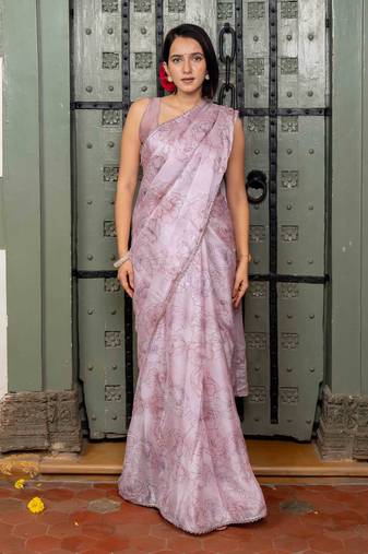 pink ready to wear chiffon foil work floral printed saree with unstiched blouse piece