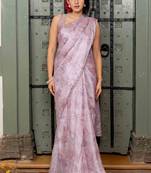 pink ready to wear chiffon foil work floral printed saree with unstiched blouse piece