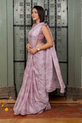 pink pre-stitched chiffon foil work floral printed saree 4