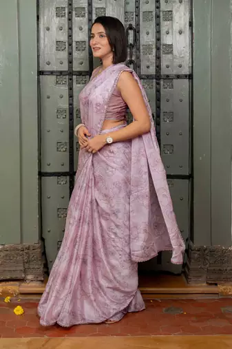 pink pre-stitched chiffon foil work floral printed saree