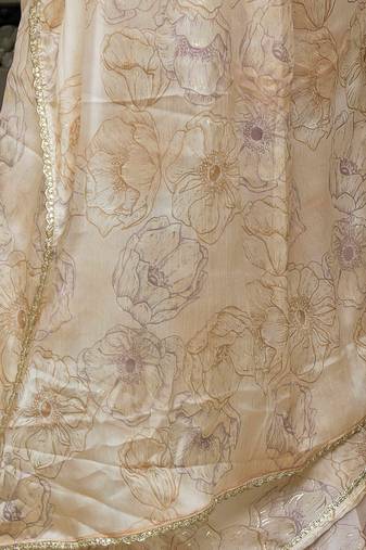 cream ready to wear chiffon foil work floral printed saree with unstiched blouse piece