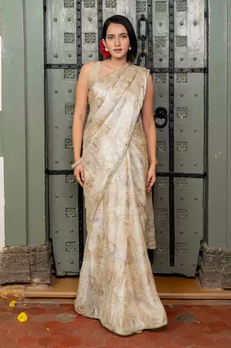 cream ready to wear chiffon foil work floral printed saree