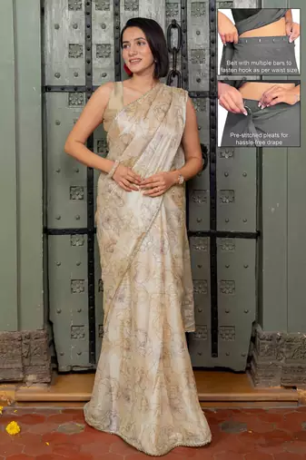 cream ready to wear chiffon foil work floral printed saree