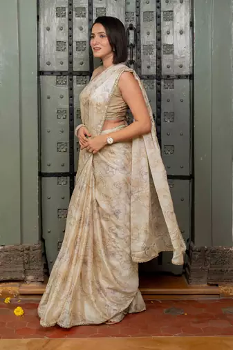 cream ready to wear chiffon foil work floral printed saree