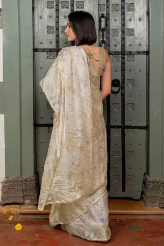cream ready to wear chiffon foil work floral printed saree