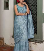 ready to wear light dusty blue chiffon foil work floral printed saree with unstiched blouse piece