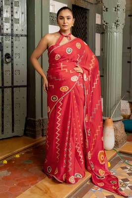 pre-stitched dusty lavender chiffon foil work floral printed saree 3