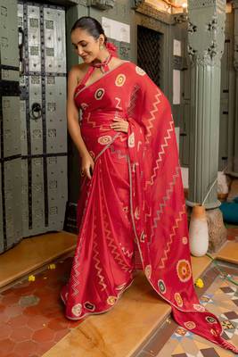 pre-stitched dusty lavender chiffon foil work floral printed saree 1