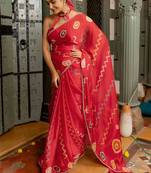 ready to wear red chiffon chevron printed saree with untiched blouse piece