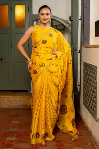 yellow  ready to wear chiffon chevron printed saree with untiched blouse piece