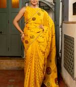 yellow  ready to wear chiffon chevron printed saree with untiched blouse piece