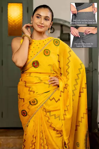 yellow ready made chiffon chevron printed saree with untiched blouse piece