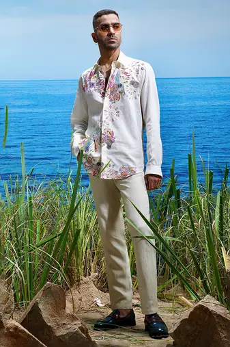 Floral odyssey embroidered linen shirt
