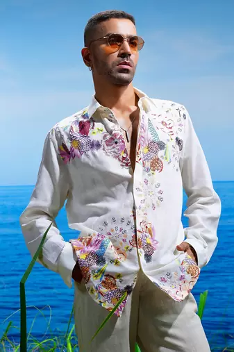 Floral odyssey embroidered linen shirt