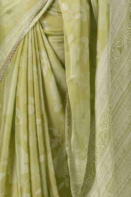 pre-stitched olive green chiffon foil work floral printed saree 2