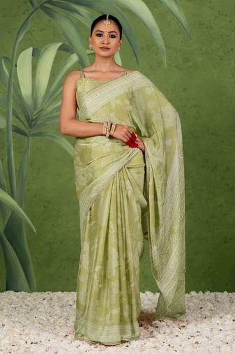 olive green ready to wear chiffon foil work floral printed saree with unstiched blouse piece