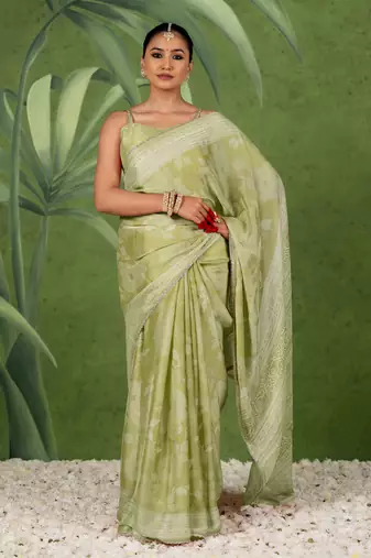 olive green ready to wear chiffon foil work floral printed saree with unstiched blouse piece