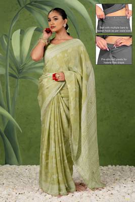 pre-stitched olive green chiffon foil work floral printed saree 3