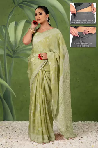 pre-stitched olive green chiffon foil work floral printed saree