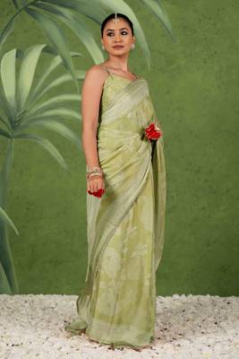 pre-stitched olive green chiffon foil work floral printed saree 4