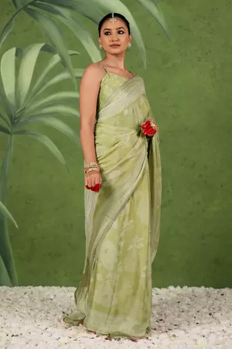 pre-stitched olive green chiffon foil work floral printed saree