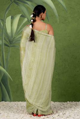 pre-stitched olive green chiffon foil work floral printed saree 5