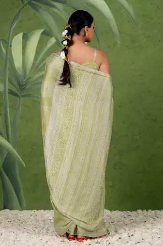 pre-stitched olive green chiffon foil work floral printed saree