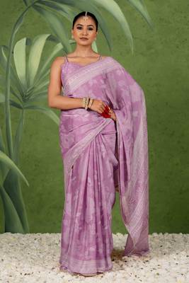 ready to wear dusty lavender chiffon foil work floral printed saree 1