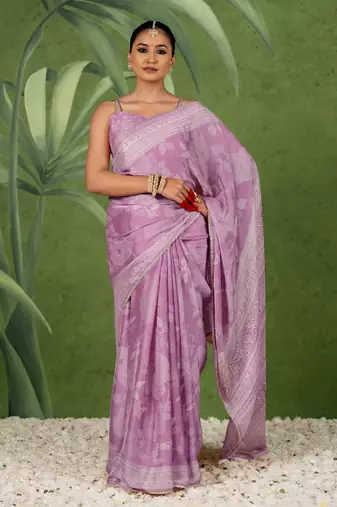 dusty lavender ready to wear chiffon foil work floral printed saree with unstiched blouse piece