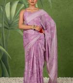 ready to wear dusty lavender chiffon foil work floral printed saree with unstiched blouse piece