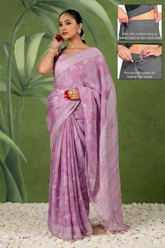 ready to wear dusty lavender chiffon foil work floral printed saree