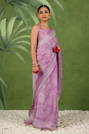 ready to wear dusty lavender chiffon foil work floral printed saree