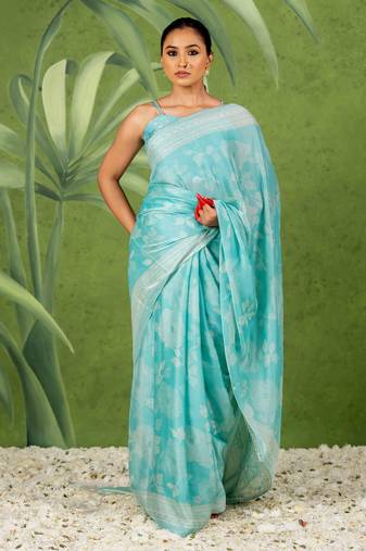 light turquoise ready to wear chiffon foil work floral printed saree with unstiched blouse piece