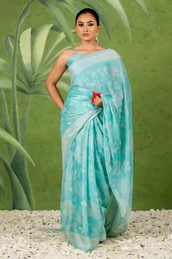 light turquoise ready to wear chiffon foil work floral printed saree with unstiched blouse piece