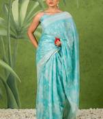 light turquoise ready to wear chiffon foil work floral printed saree with unstiched blouse piece