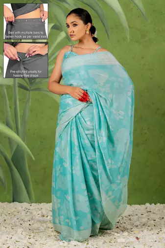 light turquoise pre draped chiffon foil work floral printed saree