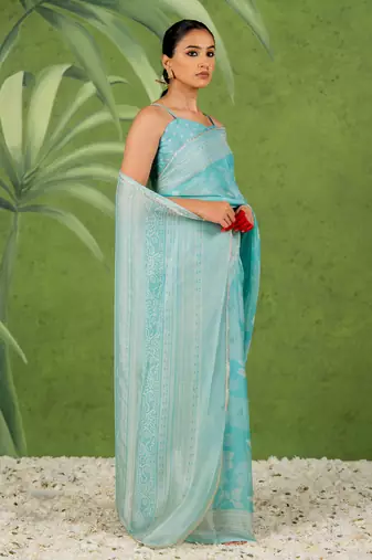 light turquoise pre draped chiffon foil work floral printed saree